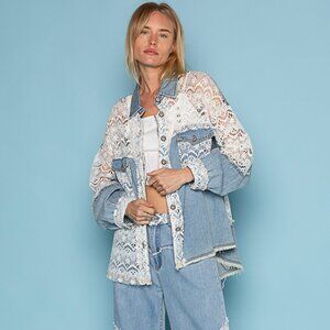 POL Twill Lace Denim Shacket Jean Jacket